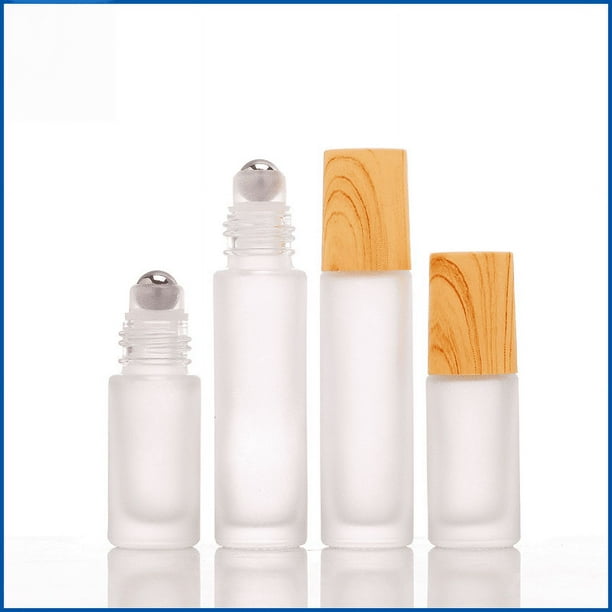 Botella con bola rodante con tapa de grano de madera de 5 ml y 10 ml, botella con bola para caminar, botella con bola de vidrio esmerilado cubierta para perfume y aceite esencial