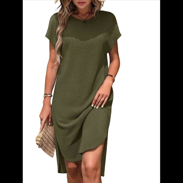 Vestido Midi de Verano para Mujer, Color Liso, con Abertura, Verde , Talla L