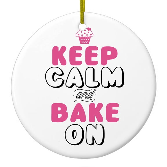 DistinctInk Hanging Ceramic Christmass Tree Ornament with Gold String - Great Gift / Present - 2 3/4 inch diameter - Keep Calm and Bake On