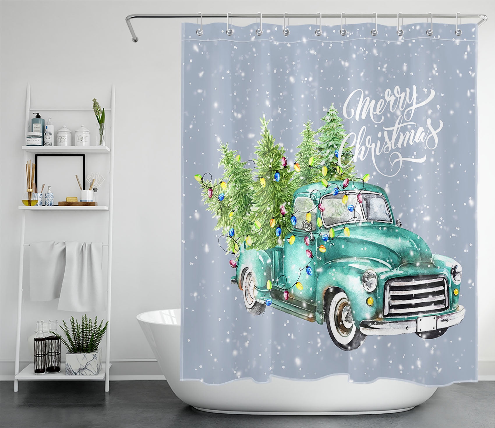 HVEST Merry Christmas Shower Curtain for Bathroom Decor,Teal Truck and Green Xmas Tree Shower Curtains,Winter Snowflake Polyester Waterproof Fabric Bath Curtain with Hooks,60x72 Inches