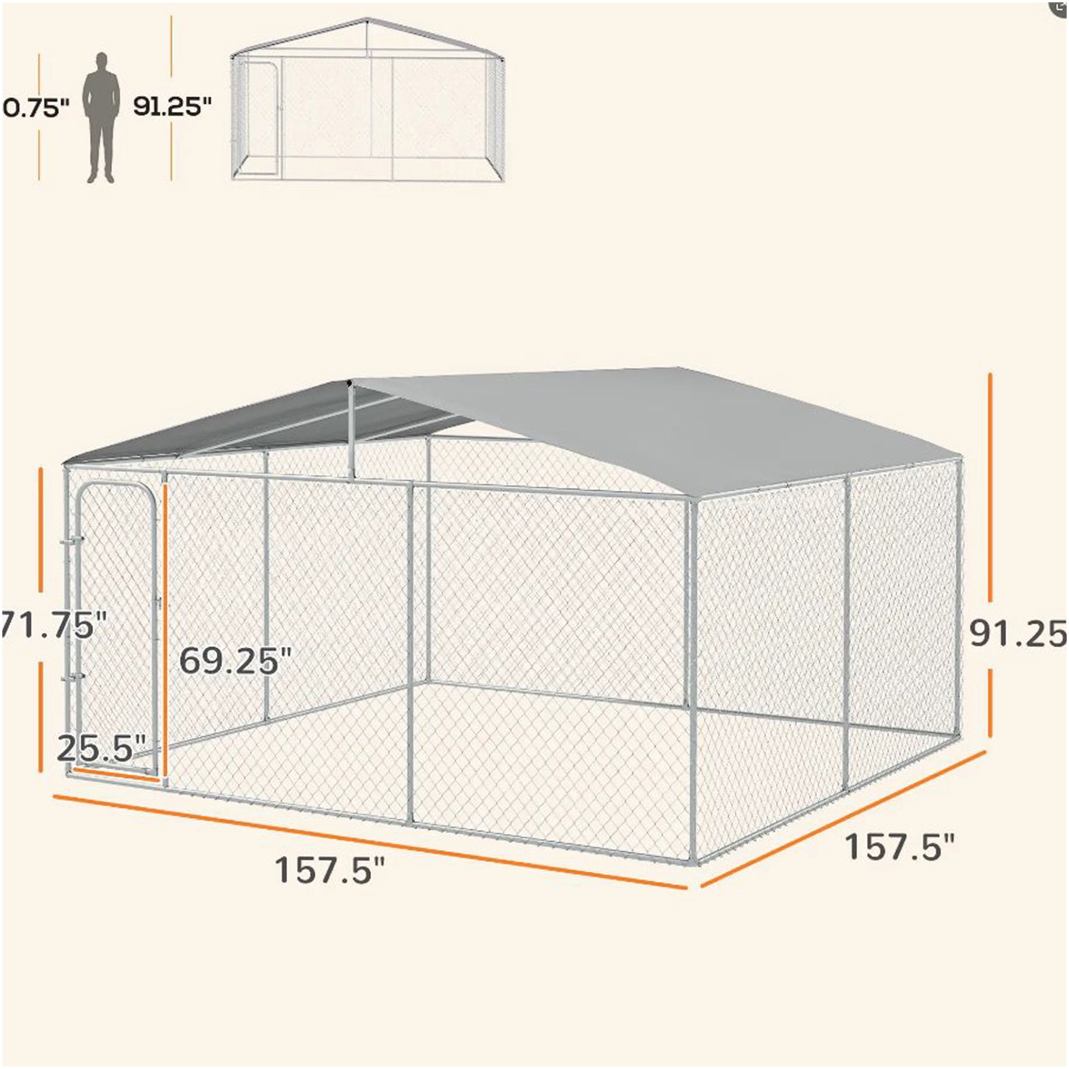 JERFIT Large 13x13x7.6ft Outdoor Dog Kennel with Roof Cover, Heavy Duty Steel Welded Wire Pet Playpen Yard Fence Run for Big Dogs, Silver