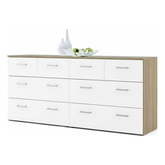BOWERY HILL Contemporary Design 8 Drawer Double Bedroom Dresser with Plastic Bar Handles in Oak and White