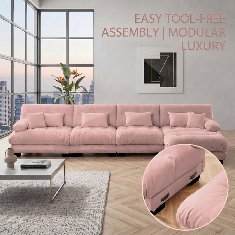 ANPPORT Cloud Couch Sleeper Sofa, Chenille Pink 4-Seater Modular Sofa with 1 Ottomans, 4 Lumbar pillows, 2 Pillows, Comfy Deep Seat Cloud Sofa, Convertible L-Shaped Floor Couch for Living Room