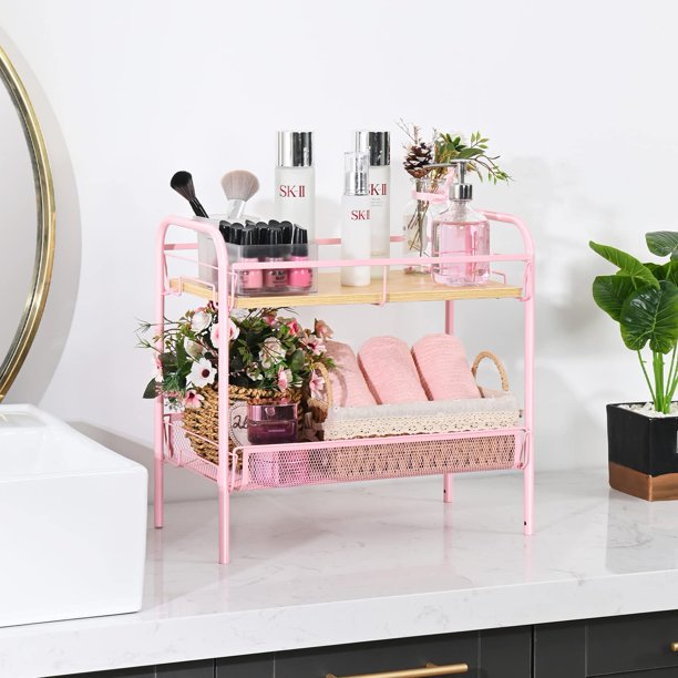 Kingrack 4 Tier Rolling Cart, Mesh Storage Utility Carts with Wooden Tabletop for Kitchen