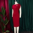 thumbnail image 5 of AURA Plus Size Bodycon Midi Dress High Waist Round Neck Short Sleeve Elegant Office Dress with Brooch Zipper, 5 of 10