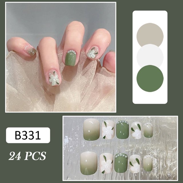 24 Pcs Faux Ongles Vert Doux Fleur Perle Faux Ongles pour Femmes et Filles Colle Gelée