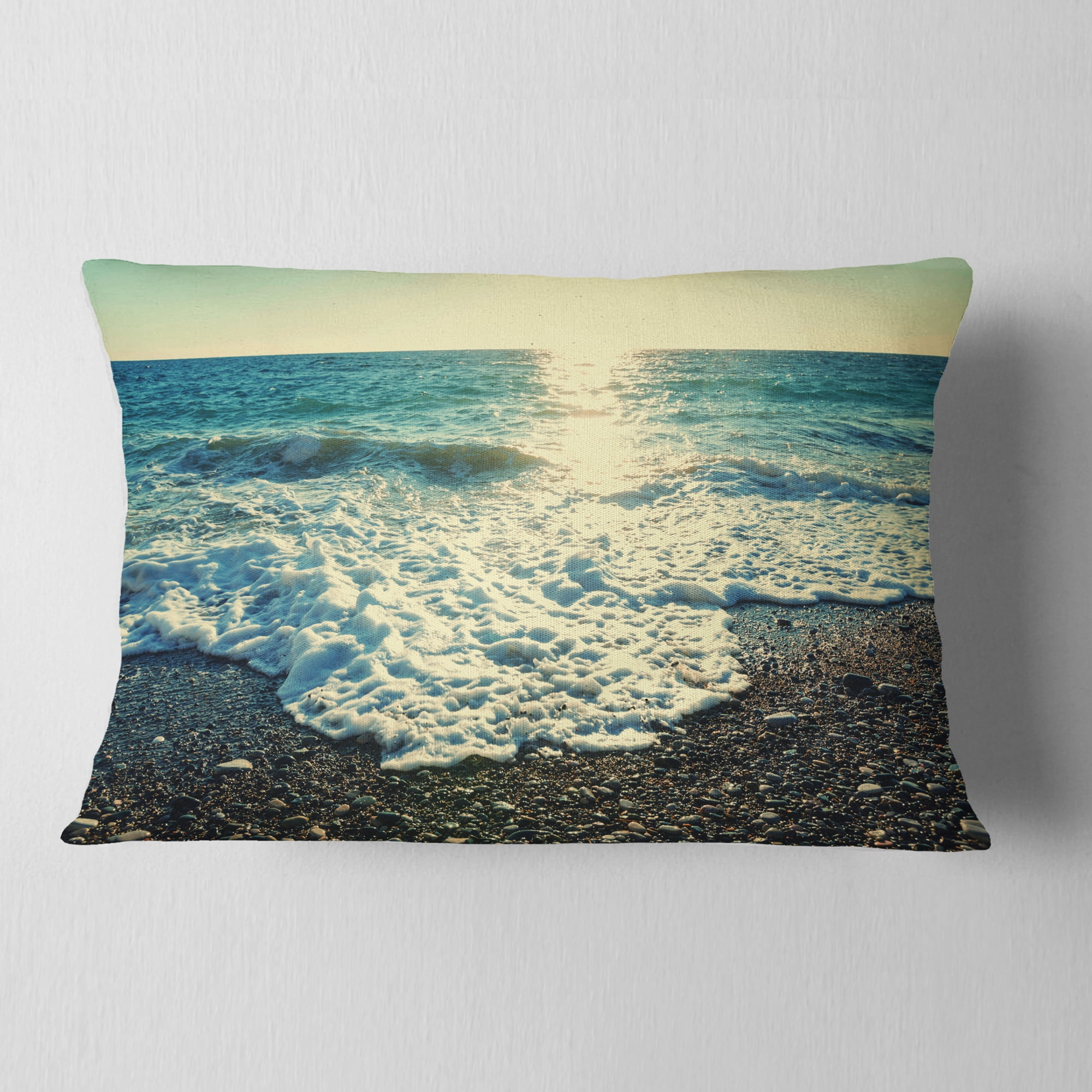 Designart Dramatic Blue Waves on Beach - Seashore Throw Pillow - 12x20