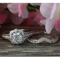 RKC Bridal Set Ring 14K White Gold Plated Art Deco Style 2.10 CT Simulated Diamond