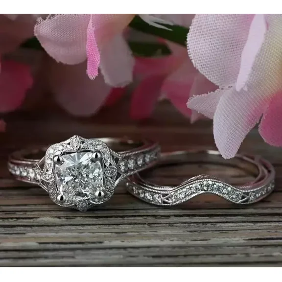 RKC Bridal Set Ring 14K White Gold Plated Art Deco Style 2.10 CT Simulated Diamond