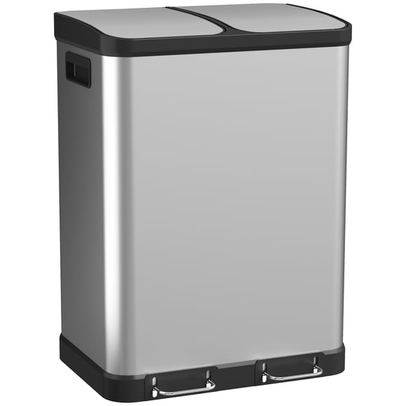 HOMCOM Kitchen Garbage Bin, 2 x 7.9 Gal Trash Can with Foot Pedal, Silver