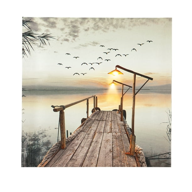 LED Lighted Sunset Pier Nature Canvas Wall Art Includes 2 Sparkling