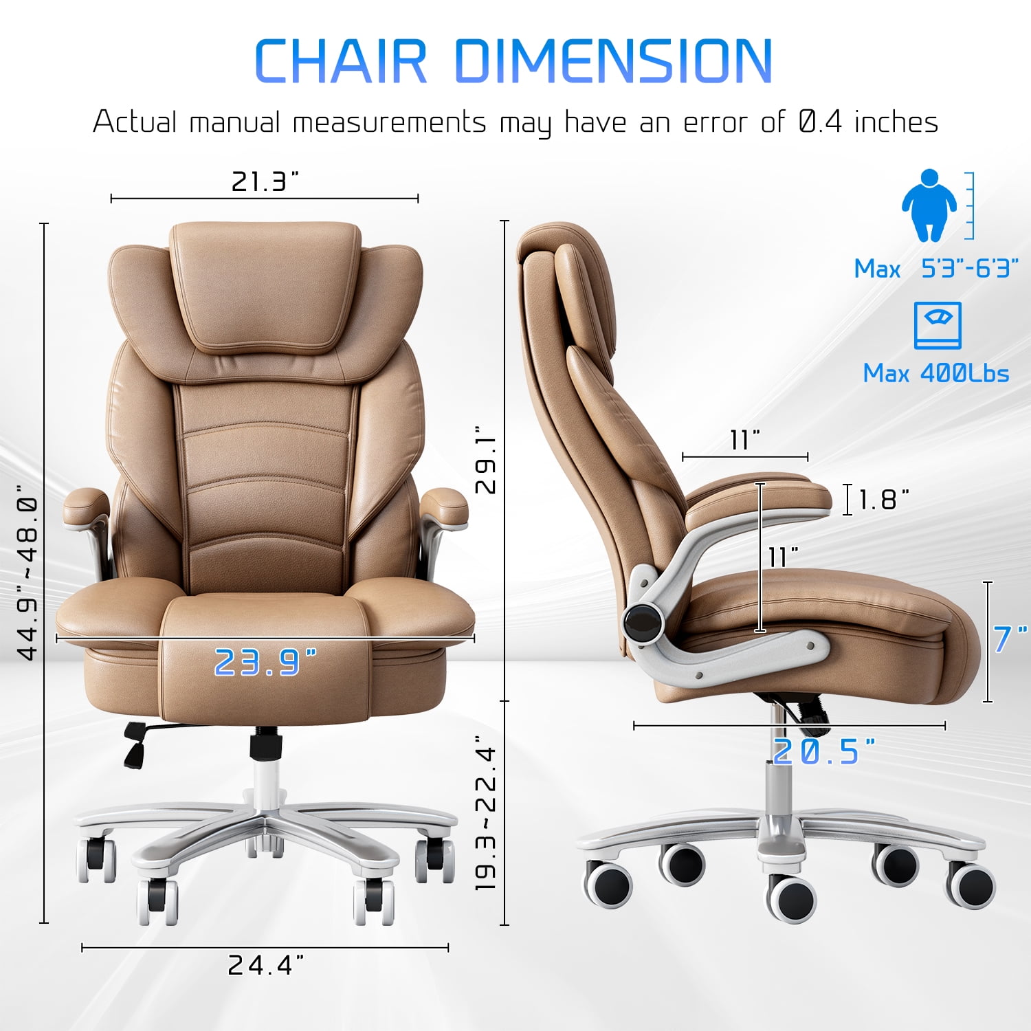 HomeZeer Big and Tall Office Chair 400lbs, High Back Leather Executive Office Chair with Adjustable Armrest, Modern Ergonomic Office Chair with Wide Seat and Lumbar Support, Brown