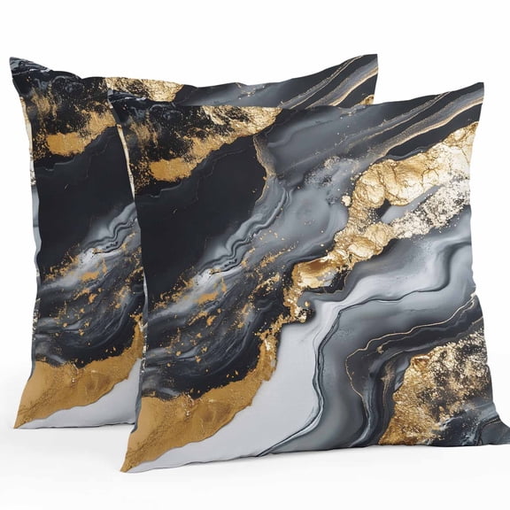 Abstract Marble Texture Outdoor Pillow Covers Pack of 2 Black Gold Crack Gradient Waterproof Throw Pillow Covers Decorative Cushion Cases for Patio Garden Tent Balcony Couch 26x26 inch