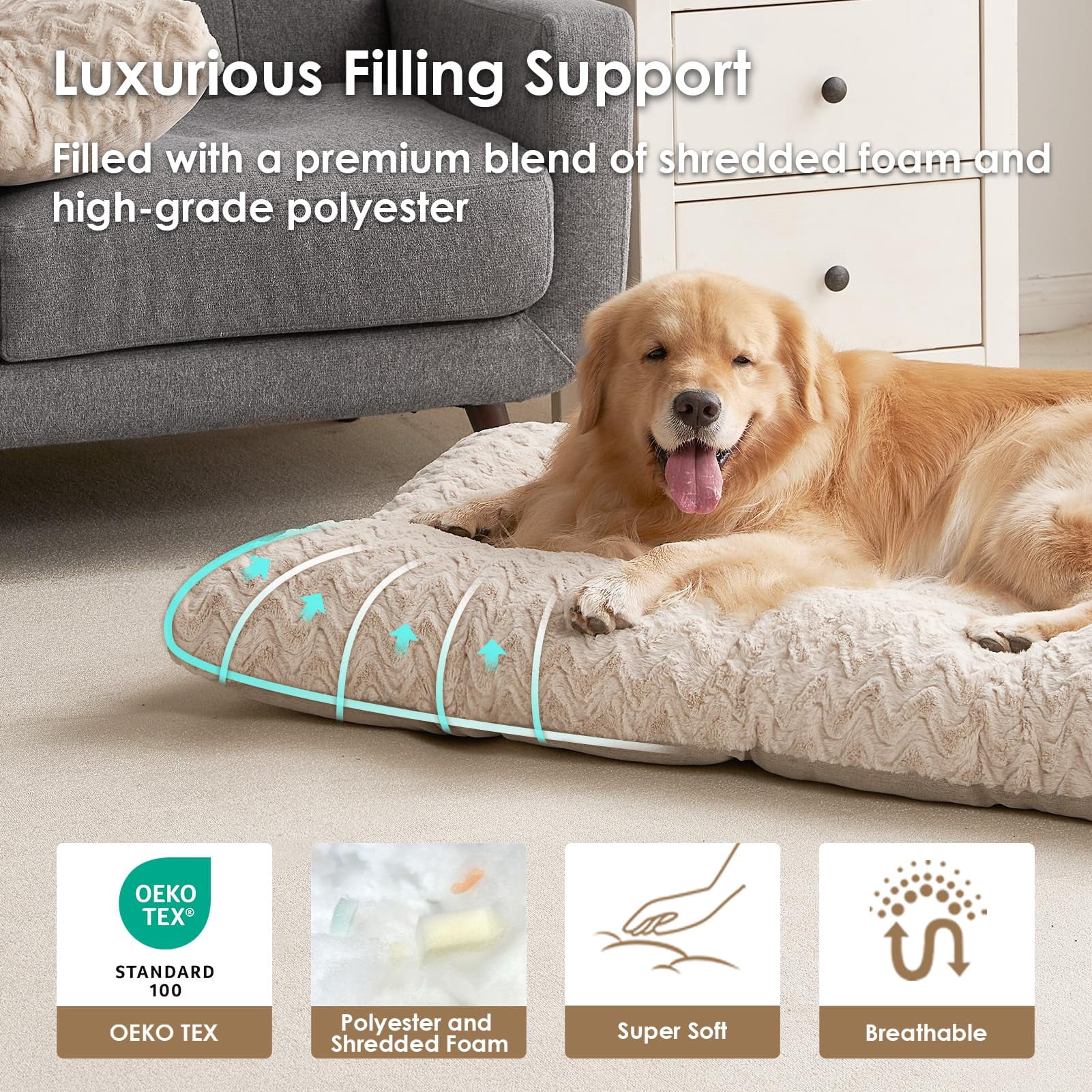 Washable Xl Dog Bed For Crate 41x27 Inch  Reversible Kennel Pad Extra Large Dogs Weight Up To 75 Lbs Plush And Comfy Pet Sleeping Mat Beige