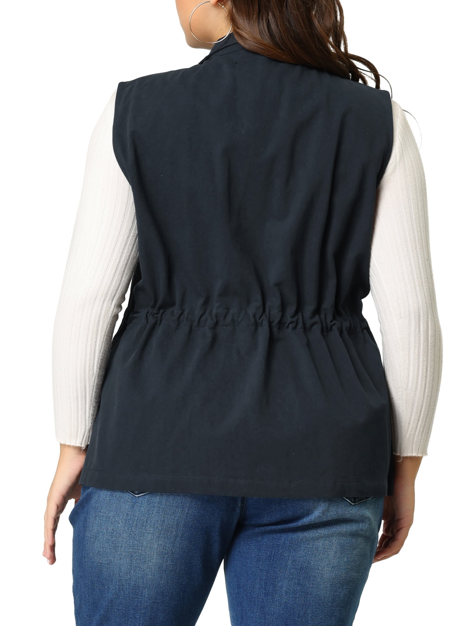 Unique Bargains Juniors' Plus Size Sleeveless Cargo Drawstring Waist Fashion Jacket Vest 3X Navy Blue