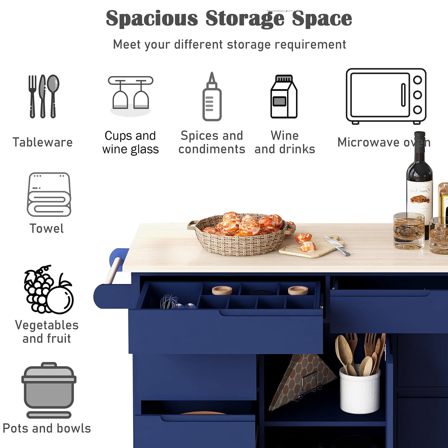 Kepooman 53.15 Inch Width Indoor Modern Rolling Kitchen Cart, Rubber Wood Kitchen Cart on Wheels with Spice Rack, Towel Rack-Grey Blue Kepooman 53.15 Inch Width Indoor Modern Rolling Kitchen Cart, Rubber Wood Kitchen Cart on Wheels with Spice Rack, Towel Rack-Grey Blue