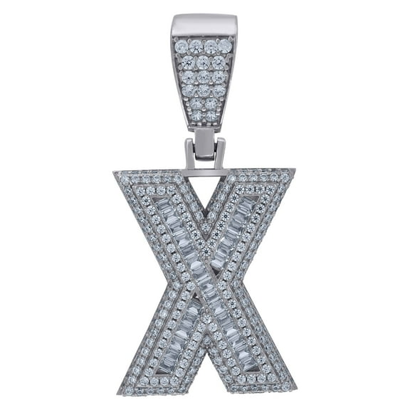925 Sterling Silver Mens Baguette Cubic-Zirconia Initial Alphabet X Charm Pendant