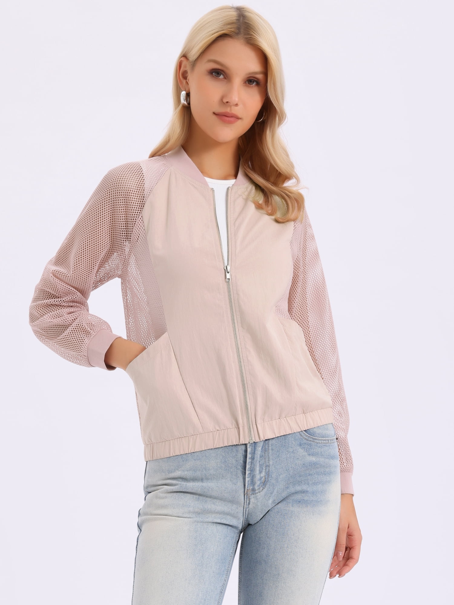 DARING DIVA Women's Zip Up Long Sleeve Sheer Lightweight Track Jacket L Pink