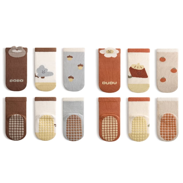 Laklulu 6 pares de calcetines tobilleros con agarre para bebé, calcetines antideslizantes para bebé, calcetines de invierno gruesos y cálidos para niño, calcetines con agarre para bebé, niño y niña,