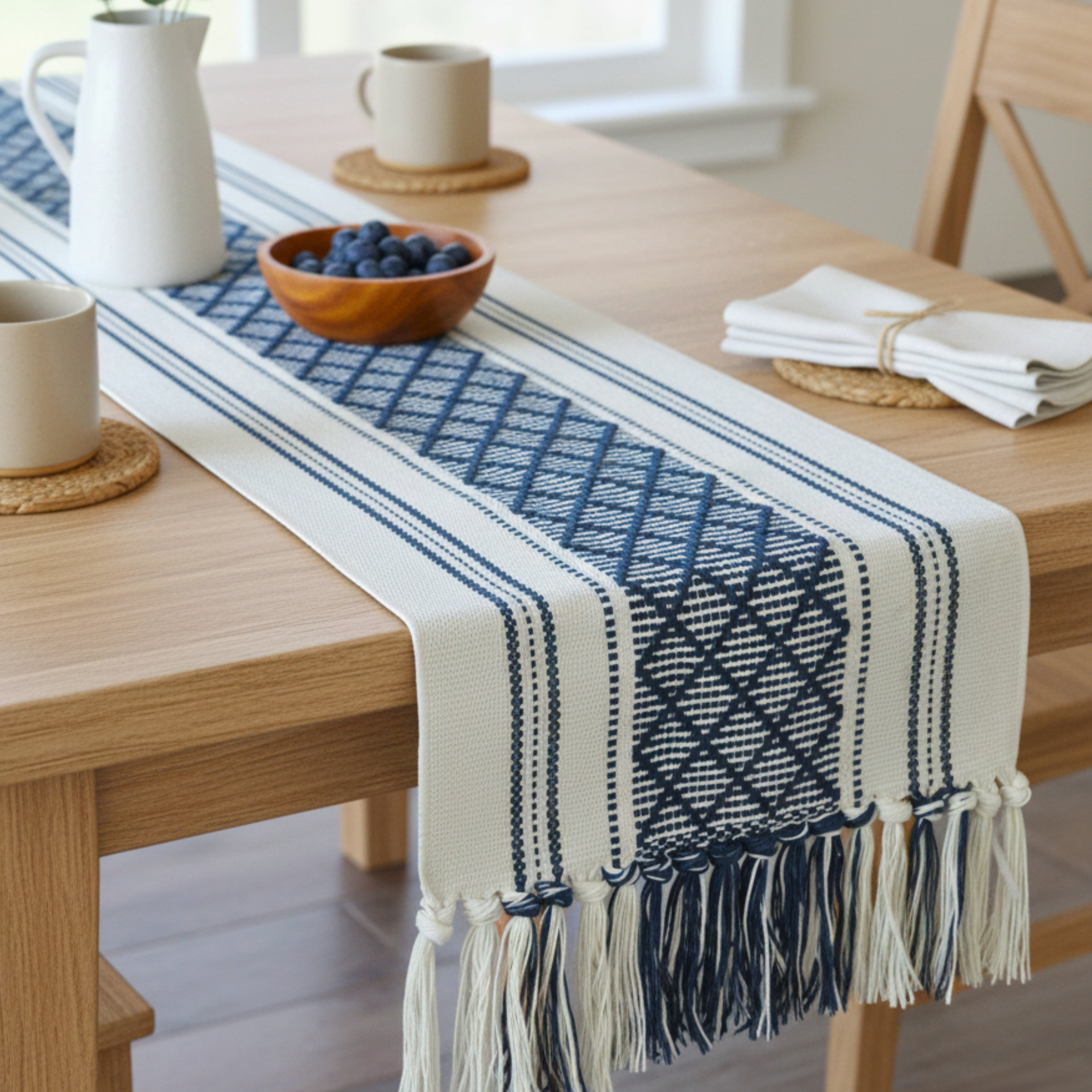Boho Dining Table Runner with Tassel Fringe 14 x 72 Inches, Navy Blue & Cream | Farmhouse Style Woven Dresser Scarf / Designer Console Table Topper Cover