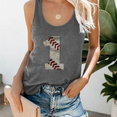 

FREE SHIPPING-camisole Women s New O-Neck Baseball Number Printing Sleeveless Casual Loose Vest Tops nightgowns for women lingerie valentines day birthday gifts Gray