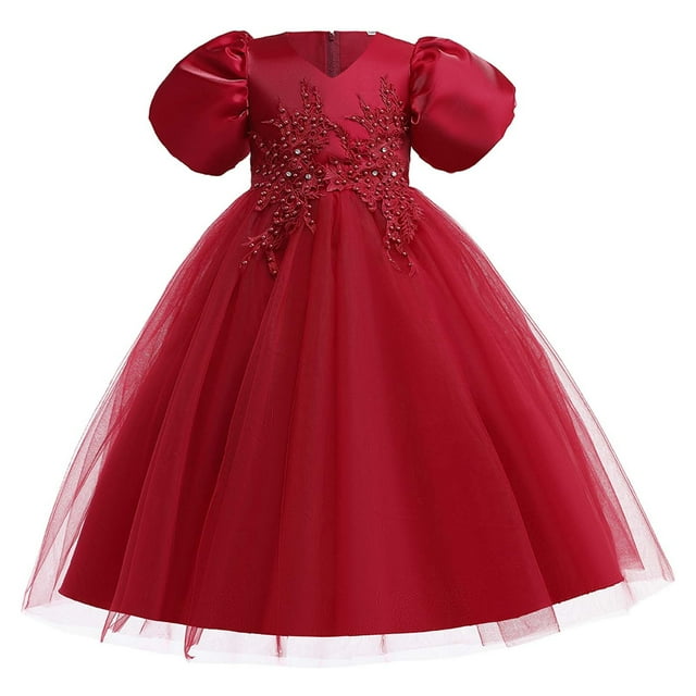 Vestido Para Niñas, Ropa Para Niñas, Vestido Para Niños, Vestido De Princesa De Manga Corta, Vestido De Cola De Flores, Falda, Vestido De Tutú Rojo Odeerbi LM103-5644