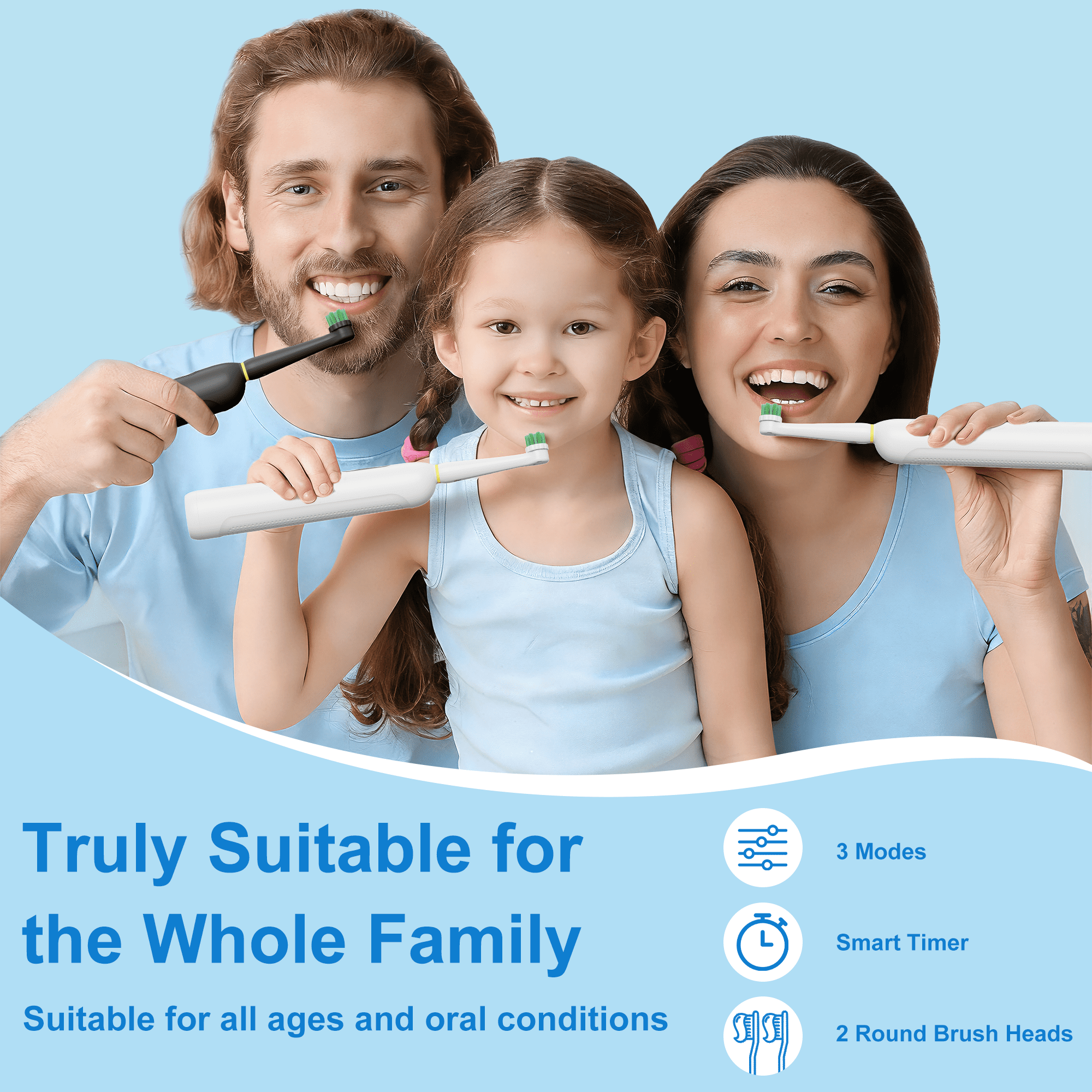 JUUTREN Electric Toothbrush for Adults and Kids，Rechargeable Sonic Toothbrush with 2 Brush Heads,3 Modes and 2-Minute Smart Timer Reminder