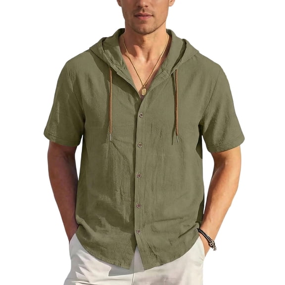 Dovford Men Cotton Linen Short Sleeve Hooded Button Down Shirt Casual Summer Beach Hoodie Top