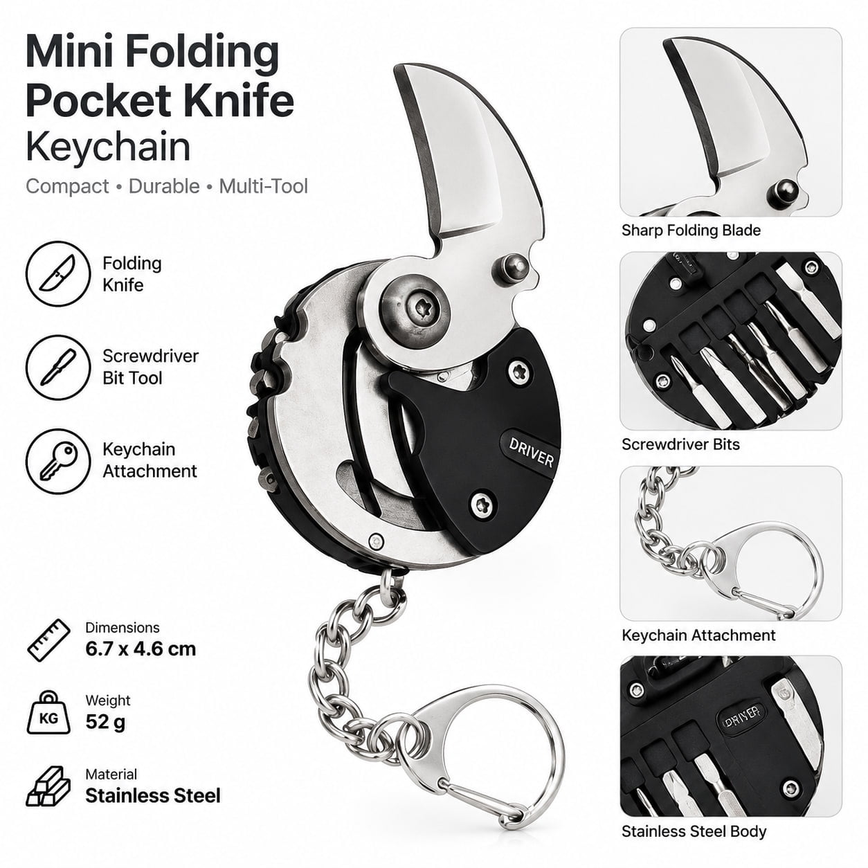 Mini Folding Pocket Knife Keychain Stainless Steel Multi-Tool with Screwdriver Bit Compact Outdoor Folding Tool 6.7 x 4.6 cm 52 g