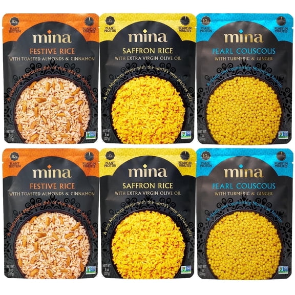 Mina Saffron Rice, Festive Rice, Pearl Couscous, variety pack of 6, Ready to Eat, Microwavable, Vegan Protein, Non-GMO, Gluten free