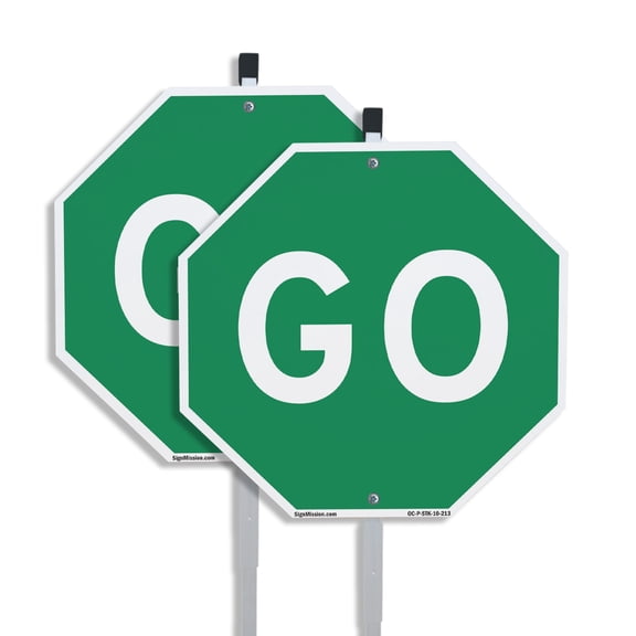 Go (2 Pack) 10 inch X 10 inch Octagon Rust Free Aluminum Metal Signs with Aluminum Mounting Stakes Weather Resistant UV Protected for Workplace Private Property and Construction Site