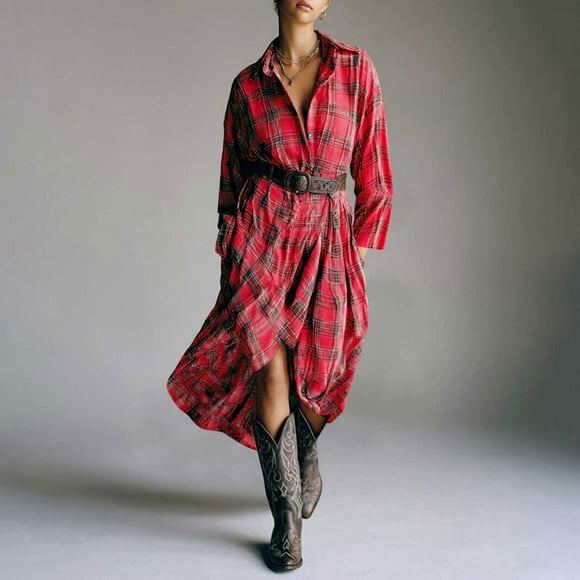 Mceream Red Plaid Long Tunic Dress with Belt & High Split, Relaxed Fit, Cotton Material for Western & Boho Fashion – Statement Piece for Autumn Red M