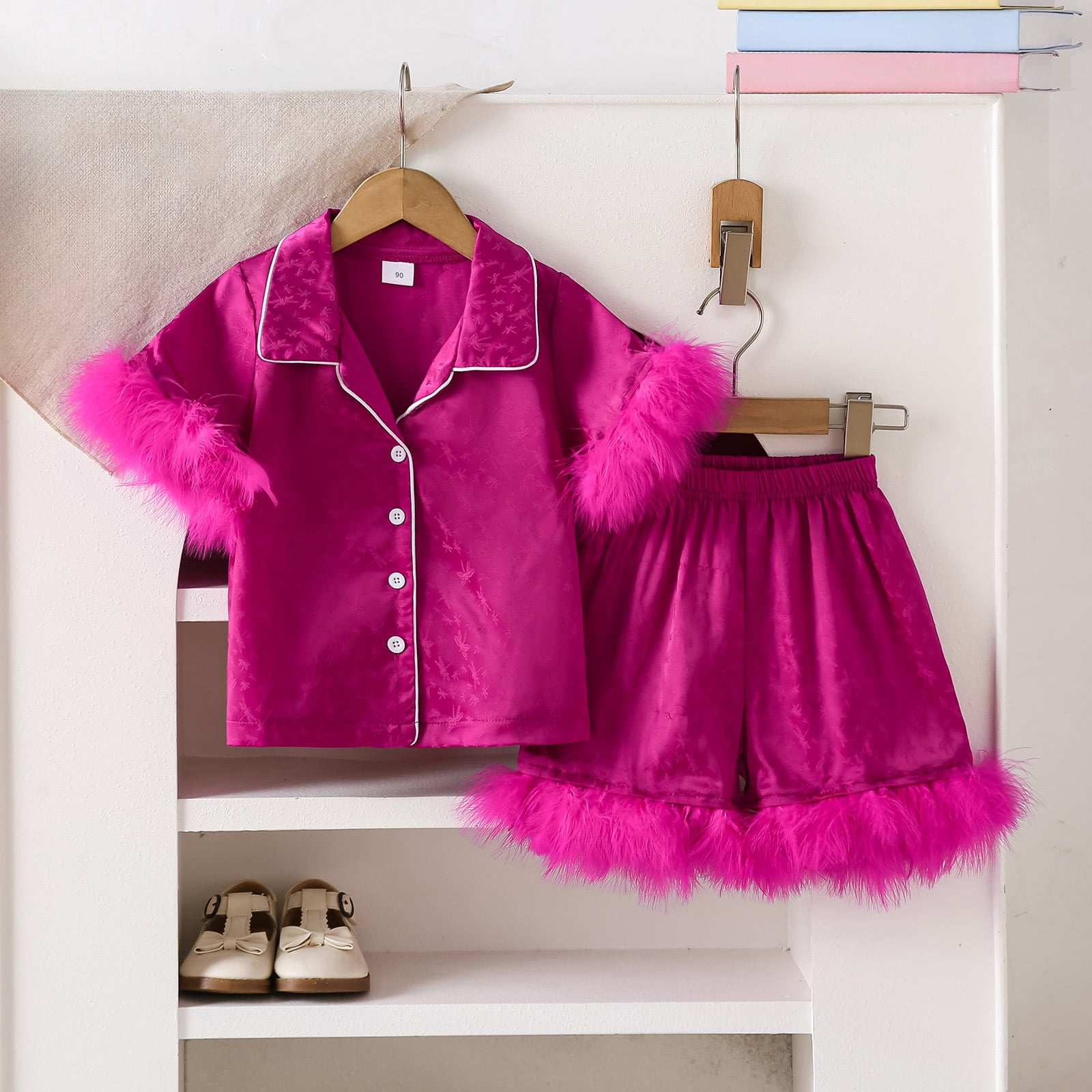 Pandaie Baby Girl Pajama Set Button Down Feather Trims Short Sleeve Shirt Shorts Satin Sleepwear Outfit Kids Nightwear Loungewear Clothes 1-10 Years Hot Pink