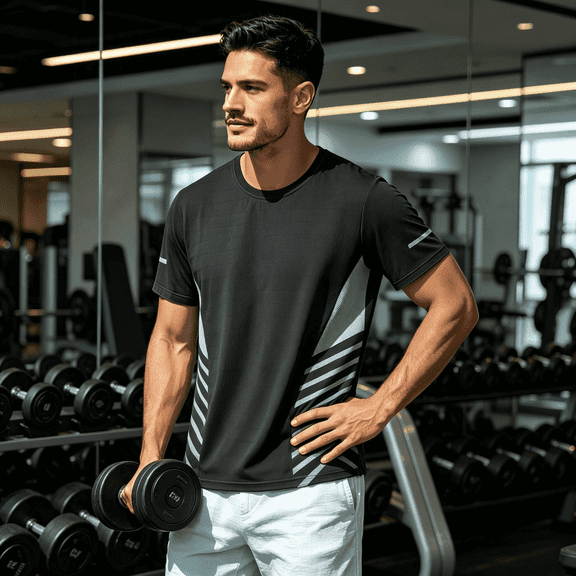Men's Breathable Quick Dry Gym T-Shirt, Short Sleeve Crew Neck Striped Athletic Top, Black,Size L