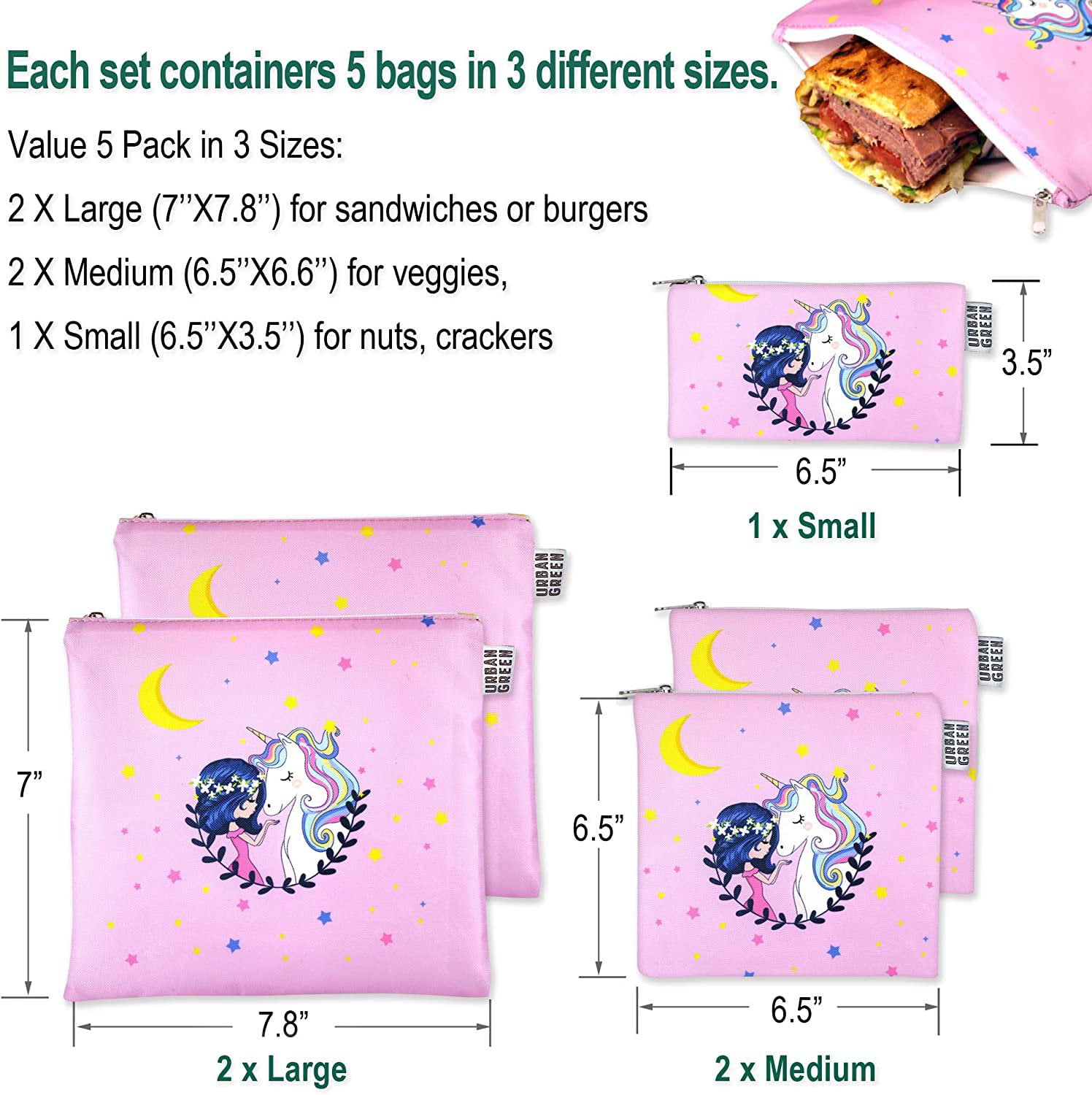 Reusable Snack Bags for Kids Urban Green, Kids Snack Containers, Reusable Sandwich Bag Kids, Dishwasher Safe, BPA Free, 5 Pack, Sandwich Reusable Bag