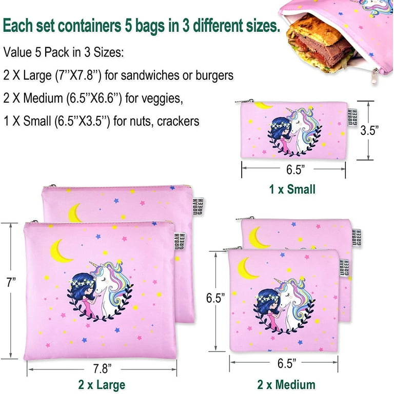 Reusable Snack Bags for kids Urban Green, Kids snack containers, Reusable  sandwich bag kids, dishwasher safe, BPA Free, 5 pack, sandwich reusable bag,  Unicore snack Bags, Snack Bag Pink Unicorn 