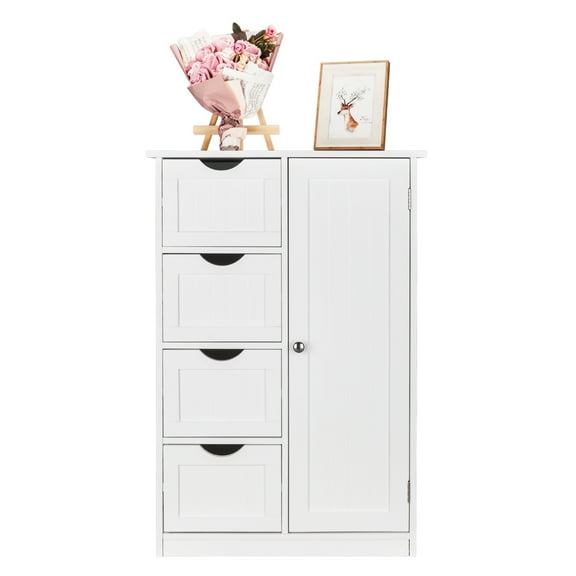 Bathroom Floor Cabinet, Side Storage Organizer with 4 Drawers Freestanding Unit White