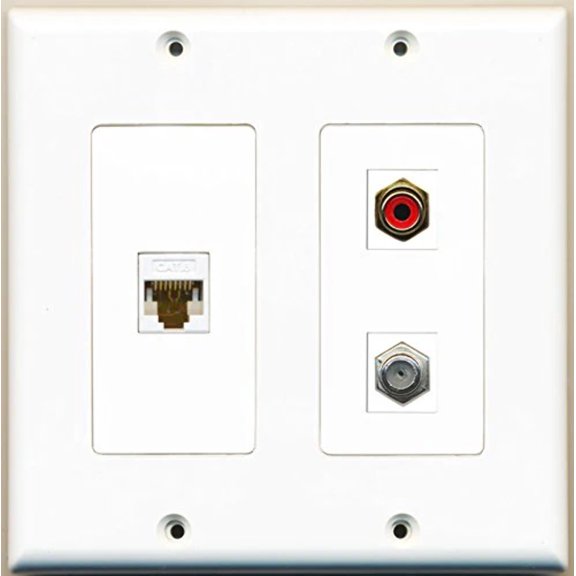 RiteAV - 1 Port RCA Red 1 Port Coax Cable TV- F-Type 1 Port Cat6 Ethernet White - 2 Gang Wall Plate