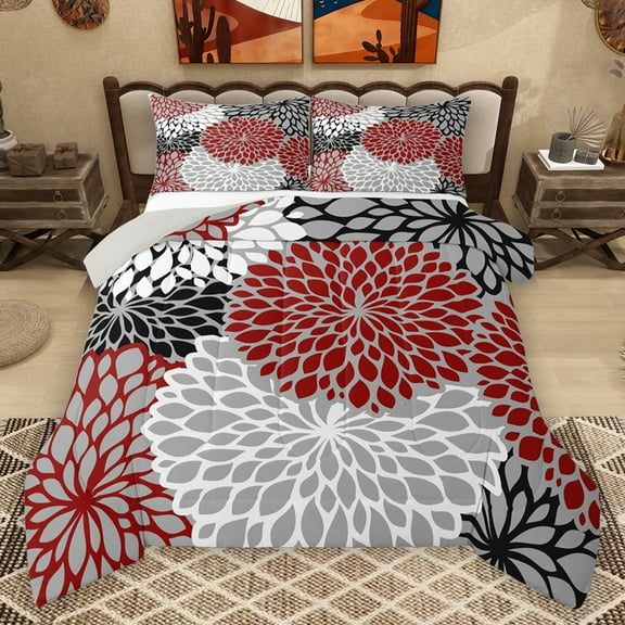 Homewish Dahlia Bedding Comforter Set,Retro Flower Twin Comforter Sets,White Red Blue Bedding Set For Men Women,Breathable Home Decor Reversible,2-Piece