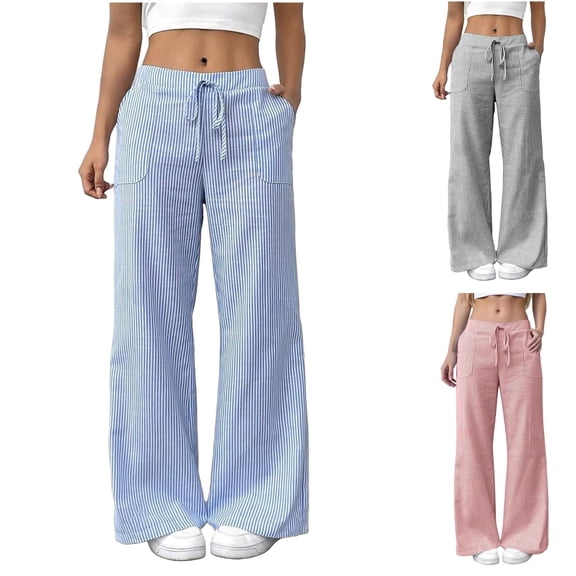 Under$5 Teyfeniy Pinstripe Pants for Women High Waist Linen Pants Drawstring with Pocket Straight Wide Leg Casual Fashion Stylish Pants