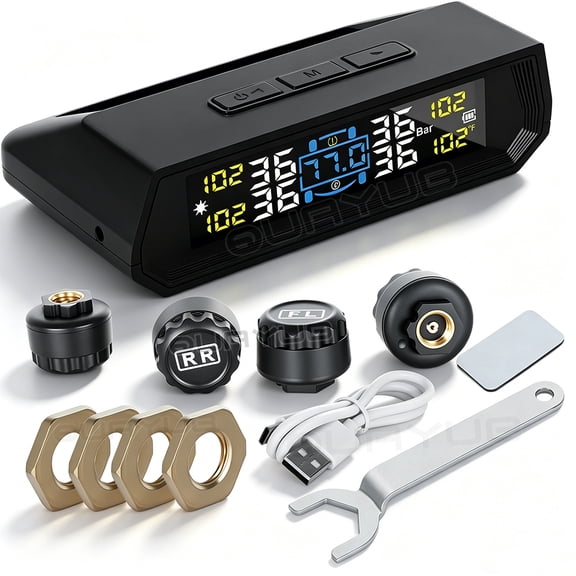 Quayub Universal TPMS Wireless Tire Pressure Monitor with Solar and USB Charging, LCD Display, 4 External Sensors, and Comprehensive 6-Alarm Safety Syste