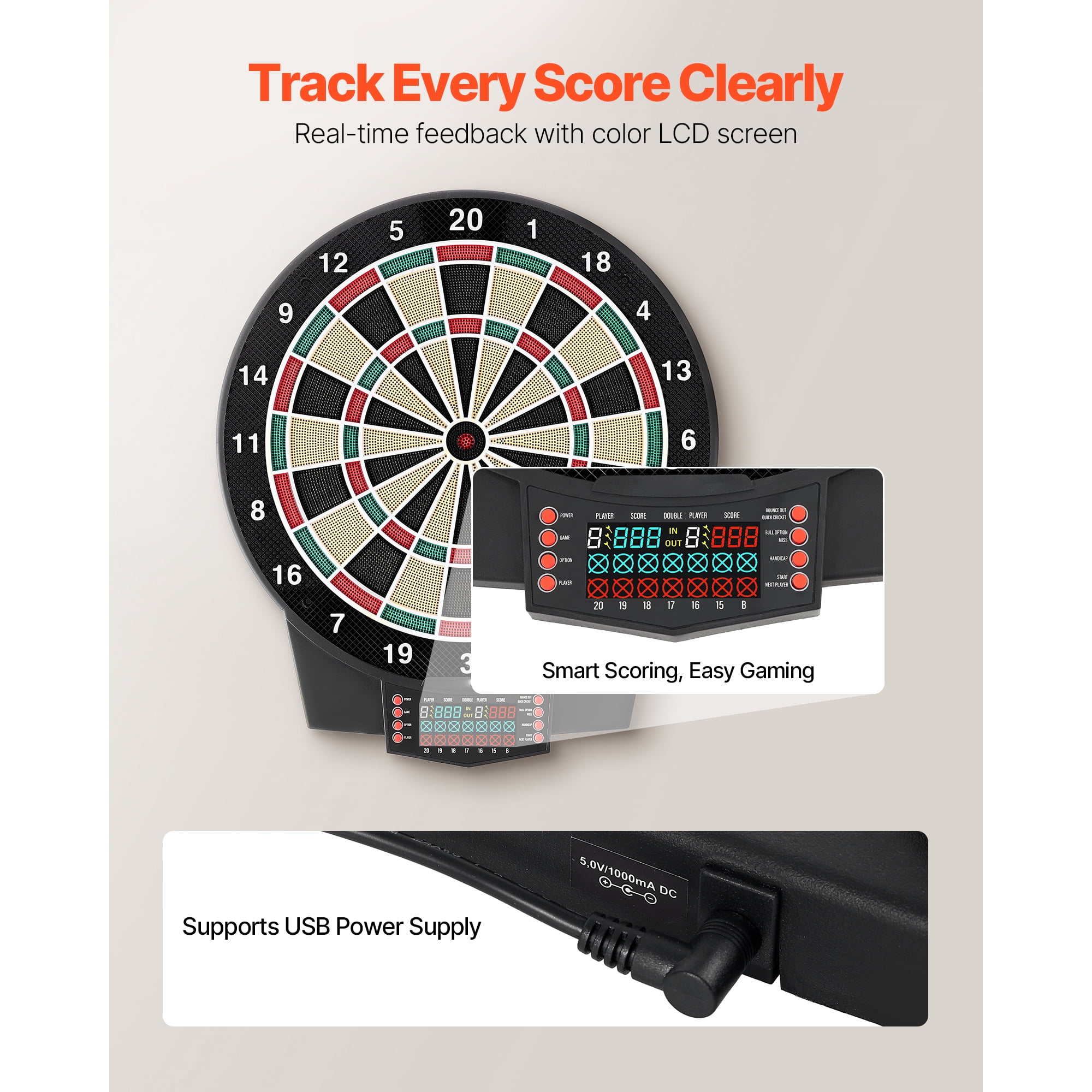 KFFKFF Electronic Dart Board with 15.5" Target Area, Featuring 43 Games and Over 320 Variations for Up to 8 Players, Includes 6 Dart Shafts, Flights, and 50 Soft Tips
