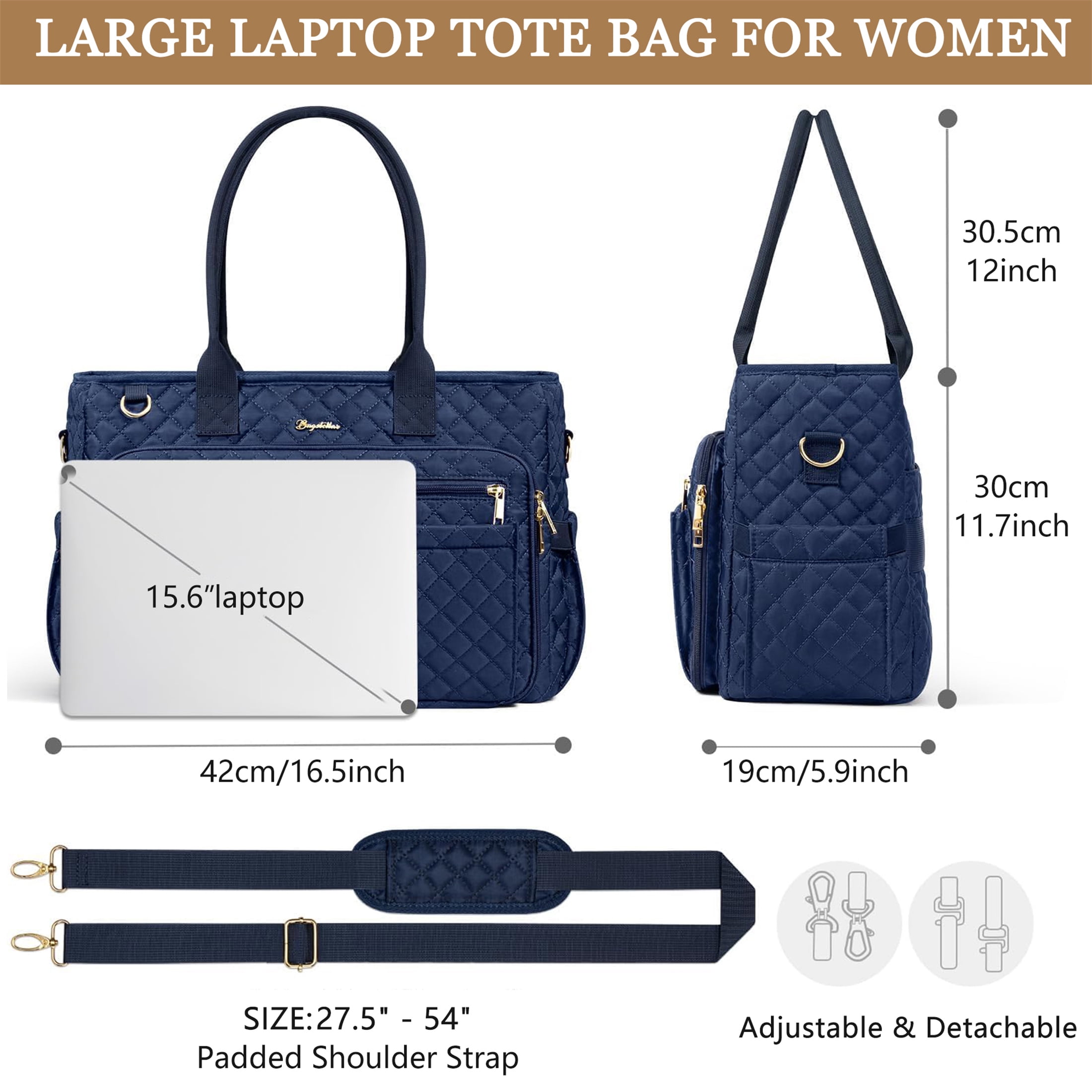 Teacher Tote Bag 15.6 inch Laptop Bag for Women, Work Bags Nurse Bible Bag Quilted Lightweight Laptop Tote Computer Briefcase for School Travel Office College, Dark Blue