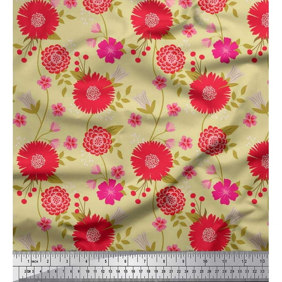 Soimoi Japan Crepe Satin Fabric Leaves & Floral Artistic Decor Fabric Printed Yard 42 Inch Wide