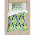 thumbnail image 3 of Watercolor Flower House Decor Queen Size Duvet Cover Set, Psychedelic Symmetric Interlace Japanese Garden Flowers Image, Decorative 3 Piece Bedding Set with 2 Pillow Shams, Green Blue, by Ambesonne, 3 of 3