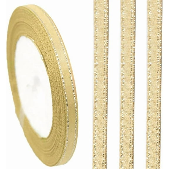 100 Yards 1/4 Inch Double Edge Silver Border Ribbon Tan Ribbon Metallic Polyester Grosgrain Ribbons Bulk with Spool for Sewing Making Crafts Christmas Bouquet Gift Wrapping DIY Supply Tan