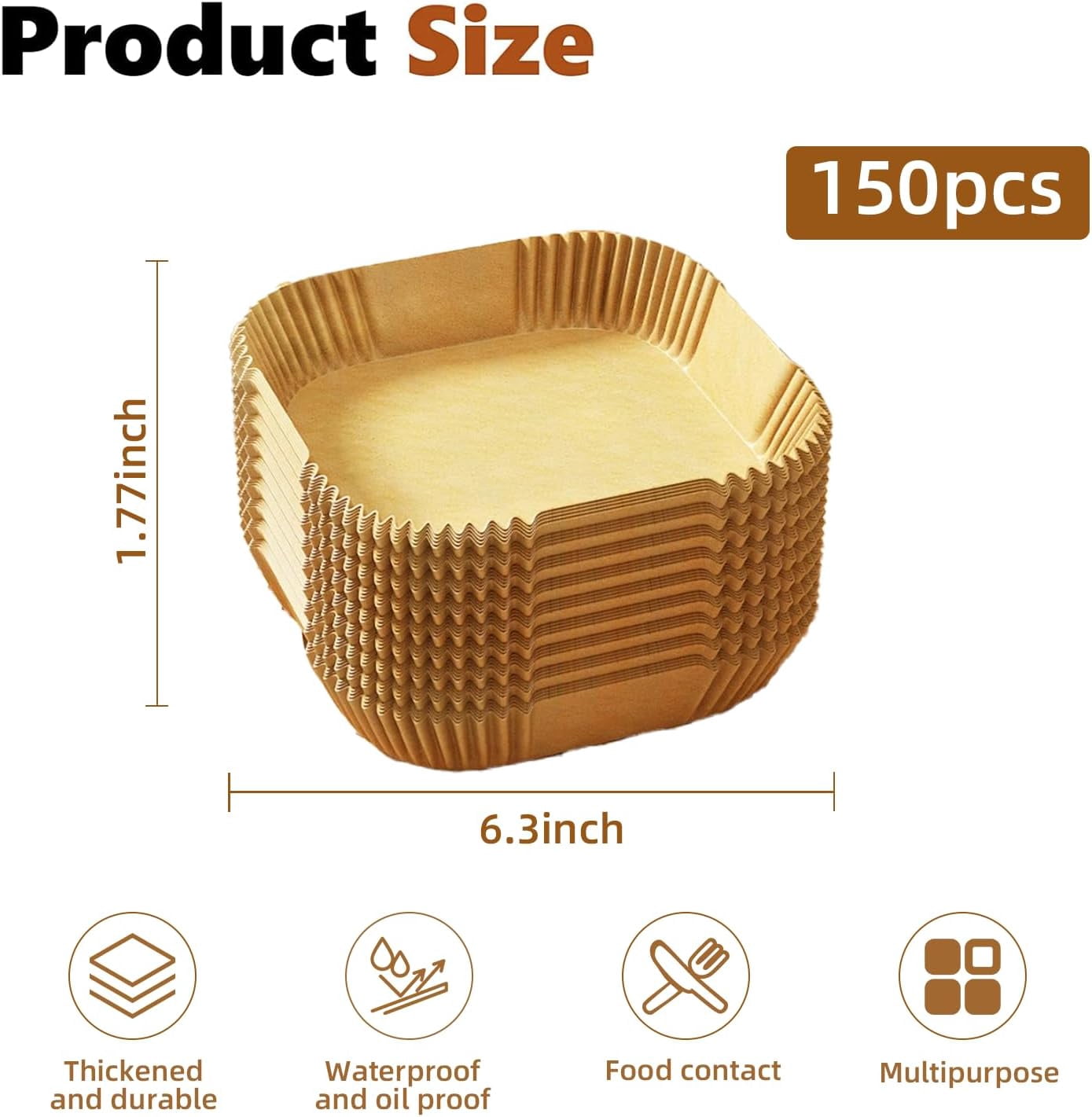 JJEAN-150 Pcs 8” Square Unbleached Heavy Duty Air Fryer Paper Liners Disposable, Non-Stick & Non-Leak Parchment Paper Liners for Airfryer Basket, Deep Fryer Parts & Accessories