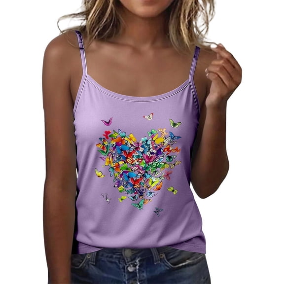 WEIWEN Spaghetti Strap Tank Top for Women Vest Dressy Casual Colorful Butterfly Heart Print Sleeveless Cami Shirts Womens Tank Tops Purple, XXL