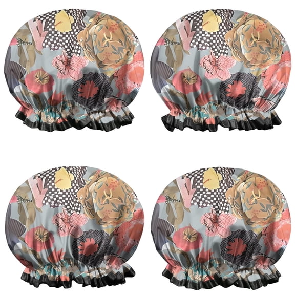 Shower Caps,Pioneer Flower Floral Print Pattern Waterproof Shower Cap for Women 4 Pieces,Double Reusable Hair Cover for Shower PEVA Elastic Stretch Hem