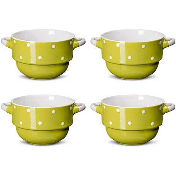 Ecodeco 16 oz Ceramic Soup Bowls with Double Handles, Stackable, Oven Safe – Green Polka Dot – Set of 4